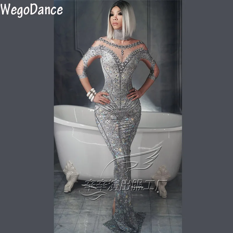 

hot sexy Sparkly Pearl Rhinestone Gray Dress Fashion Long Sleeves Skinny Dress Prom Nude Stretch Dress Singer Women Clothing