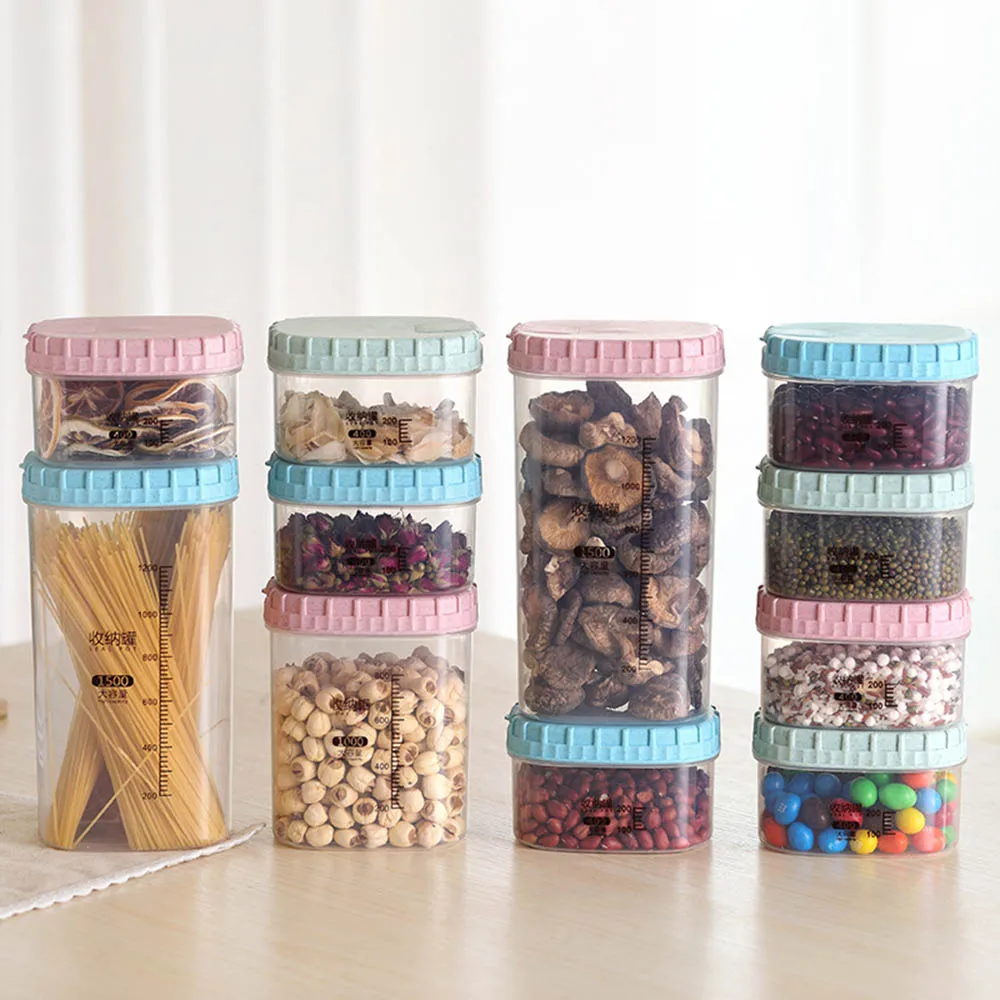 

3Pcs Kitchen Storage Box Jar with Measure Moisture Proof Square Snacks Grains Cans Coffee Tea Tin Transparent Plastic Container