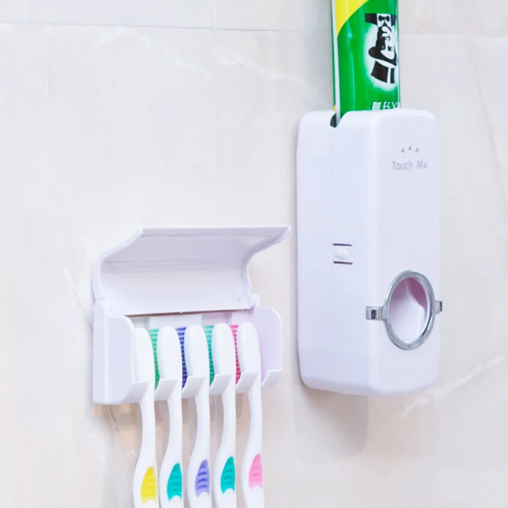 

Automatic Toothpaste Dispenser + 5 Toothbrush Holder Stand Wall Mounted Bathroom Supplies Toiletries Durable Tooth Brush Holder