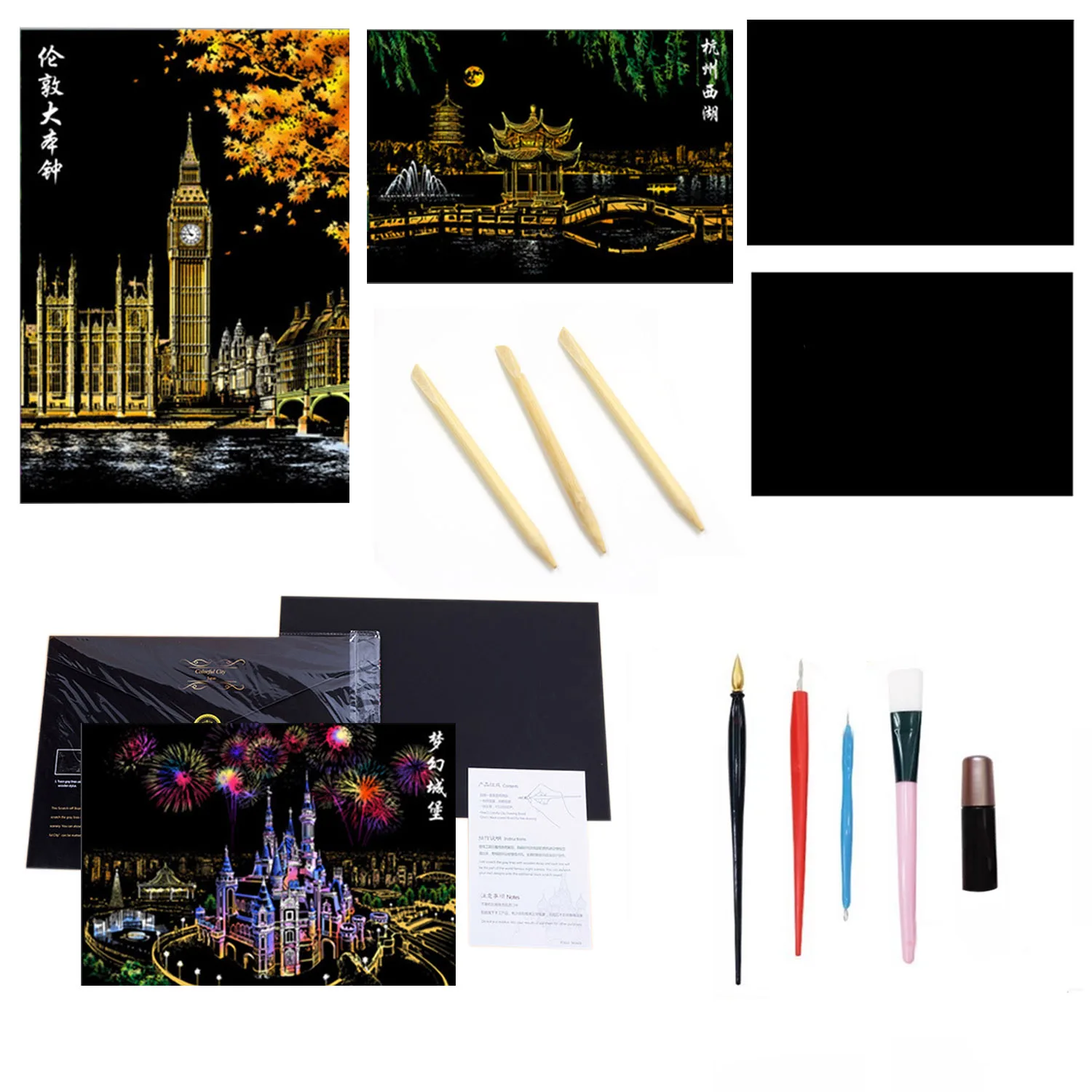 

3PCS Pre-outlined Rainbow Scraping Painting Papers+3PCS DIY Blank Magic Scratch Arts Scratching Paper+3PCS Sticks+5PCS Tools Toy