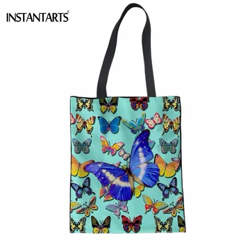 

INSTANTARTS Blue Butterfly Print Women Cotton Shopping Tote Bags Supermarket Recycling Eco Bags Casual Multi-function Beach Bag