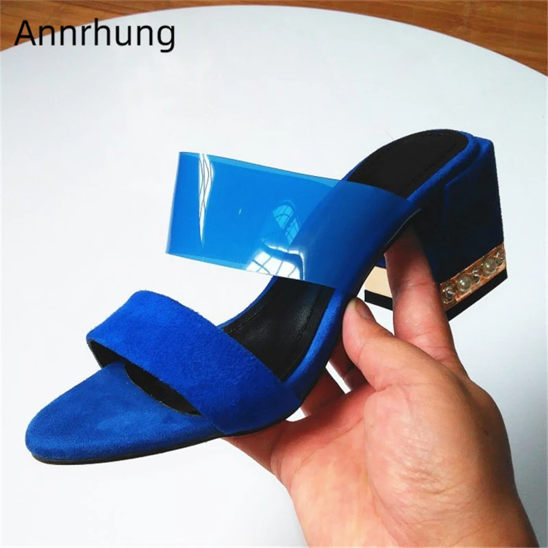 

New Summer Jewelled Heel Slippers Women Jelly Color PVC One-Strap Shoes Fashion Rhinestone Pearl Heel Runway Slides De Mujer