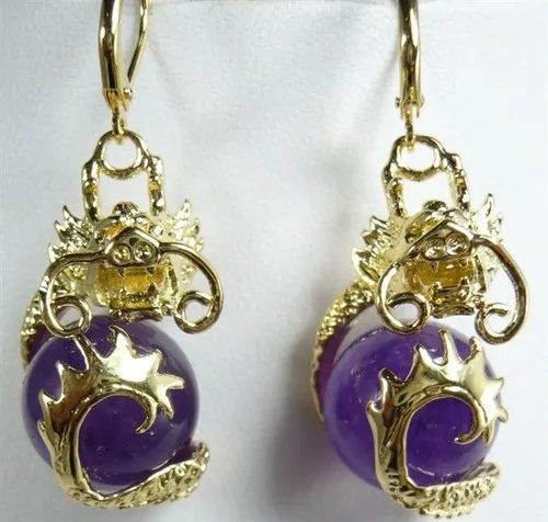 

Fancy 12mm purple jade dragon 18KGP earrings 5.29