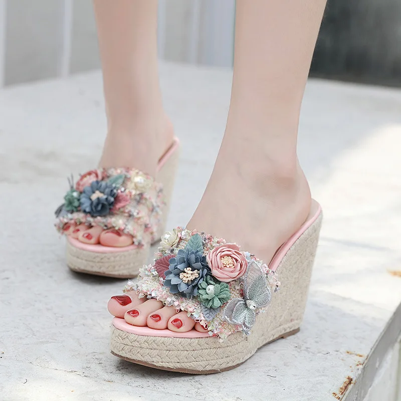 

new straw weave platform wedges slides sweet flower bead knitted slip-ons girl slippers Bohemia tassel beach creepers flip flops