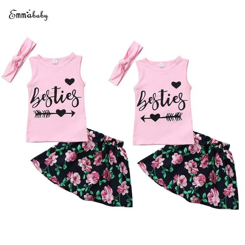 

Summer Toddler Kids Girl Sleeveless Bestie Pink Vest Tee Tops Floral Skirt Headband 3PCS Outfit Children Clothes 1-6Y