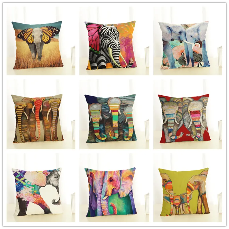 Home Decor Elephant Print Cushion Cover Linen Pillows Elephant Sofa Throw Pillow Cover 45x45cm