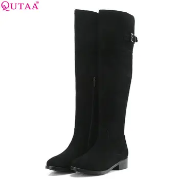 

QUTAA 2019 Square Heel Fashion Women Shoes Platofrm Cow Suede Round Toe All Match Winter Boots All Match Boots Big Size 34-40