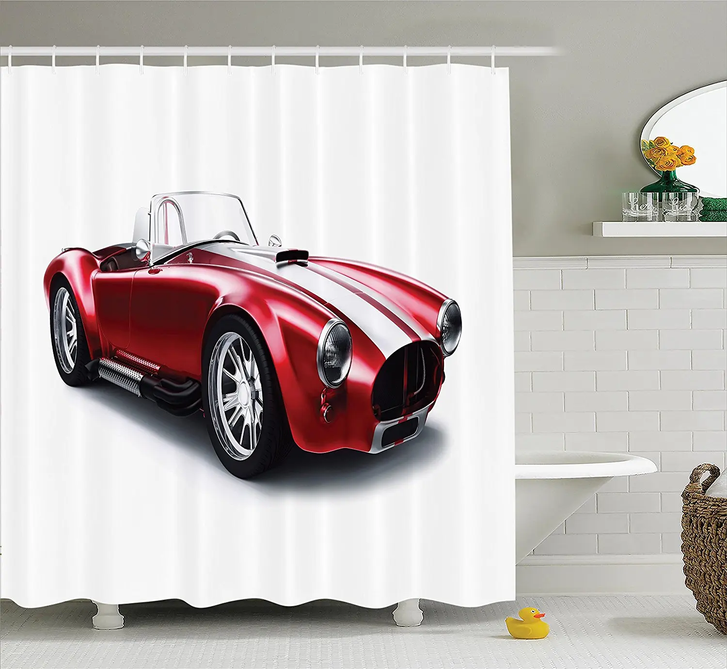 Cars Shower Curtain Vintage Coupe Car Automobile Illustration with