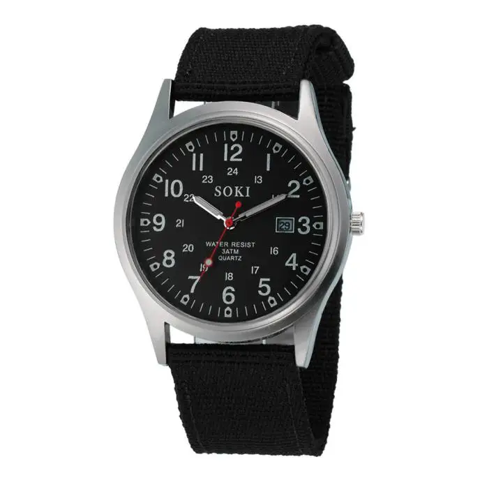 Лидирующий бренд, мужские военные кварцевые часы с датой, солдатский холщовый ремешок, аналоговые часы, спортивные часы, наручные часы, relojes hombre, хит - Цвет: Черный