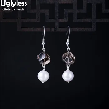 

Uglyless 100% Real 925 Sterling Silver Cube Earrings for Women Square Crystal Earrings Natural Pearls Brincos Bijoux Fine Jewel