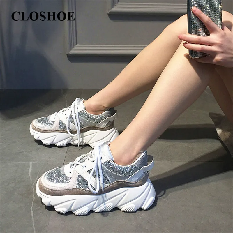 

CLOSHOE Platform Sneakers Go Well with Sequins for Ladies Sequined Cloth Patchwork