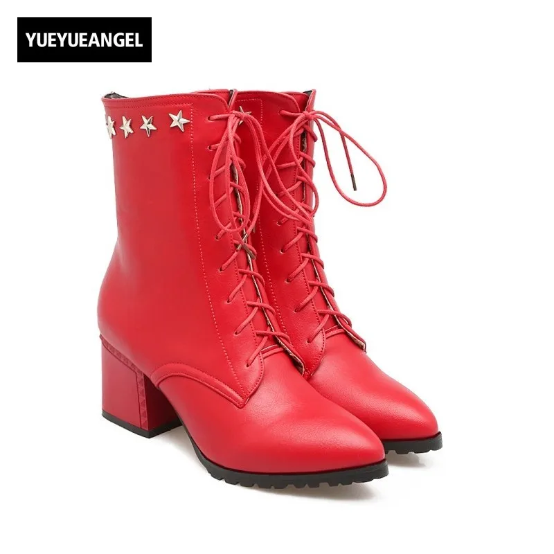 

2018 Fashion Pointed Toe Womens Punk Ankle Boots Star Metal Lace Up Block Heel Female Shoes Pu Leather Zapatos Mujer Large Size