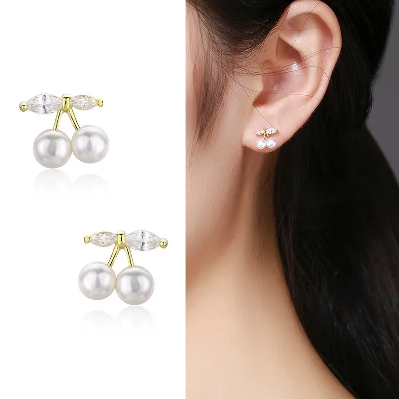Cute 925 Sterling Silver Gold Color Cherries Freshwater Pearl Stud Earrings For Women Girls Kids Jewelry Aros Aretes Orecchini