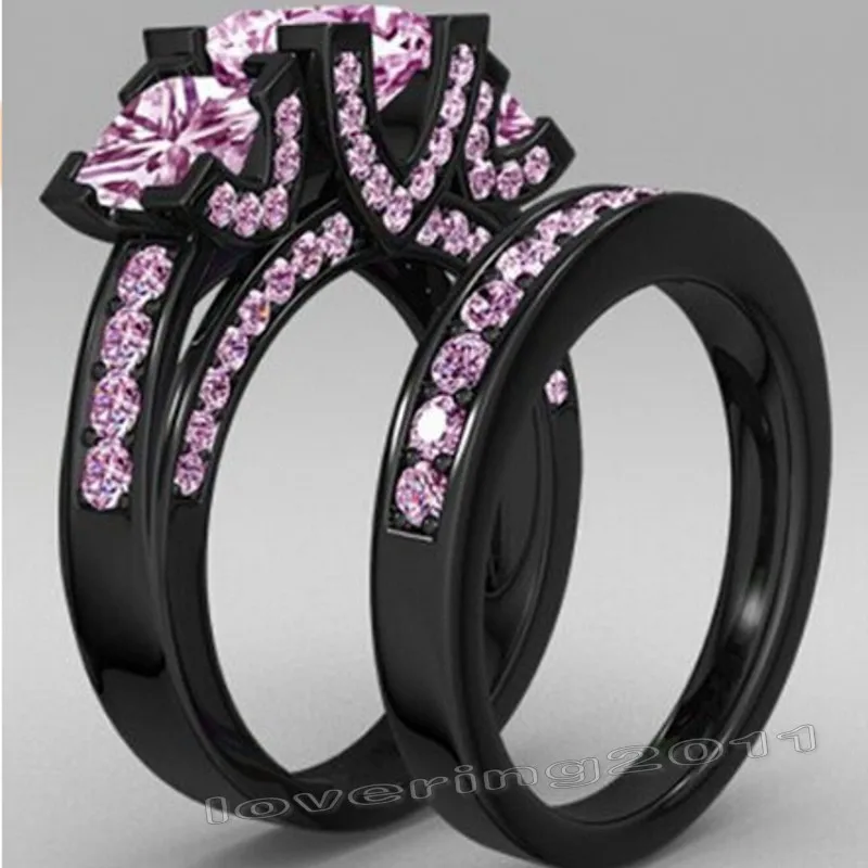 2016 new jewelry princess cut 6ct pink gem 5a zircon birthstone black gold ring 925 sterling silver wedding band ring set - Black And Pink Wedding Rings 2016 new jewelry princess cut 6ct pink gem 5a zircon birthstone black gold ring 925 sterling silver wedding band ring set - Black And Pink Wedding Rings
