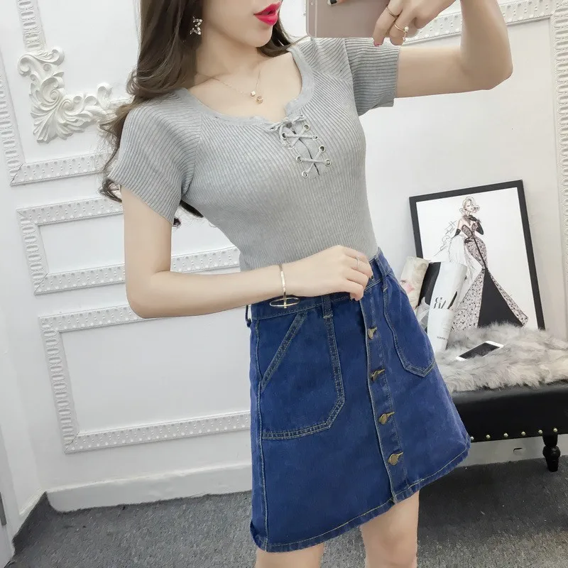 

2018 Summer sweetly solid short sleeved knitted t shirt one size women slim tops dropshipping