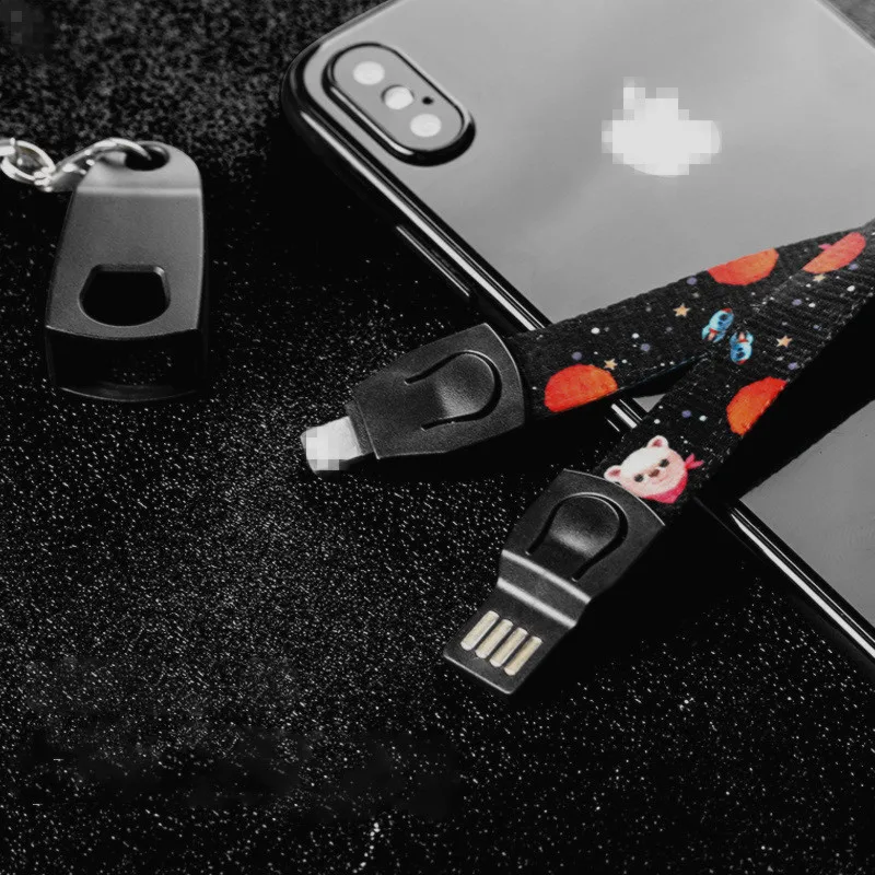 Наружный Портативный usb кабель для зарядки мобильного телефона, мультяшный ремешок на шею, ремешок для телефона, Тип C, микро брелок для iPhone, samsung - Цвет: Black for iPhone