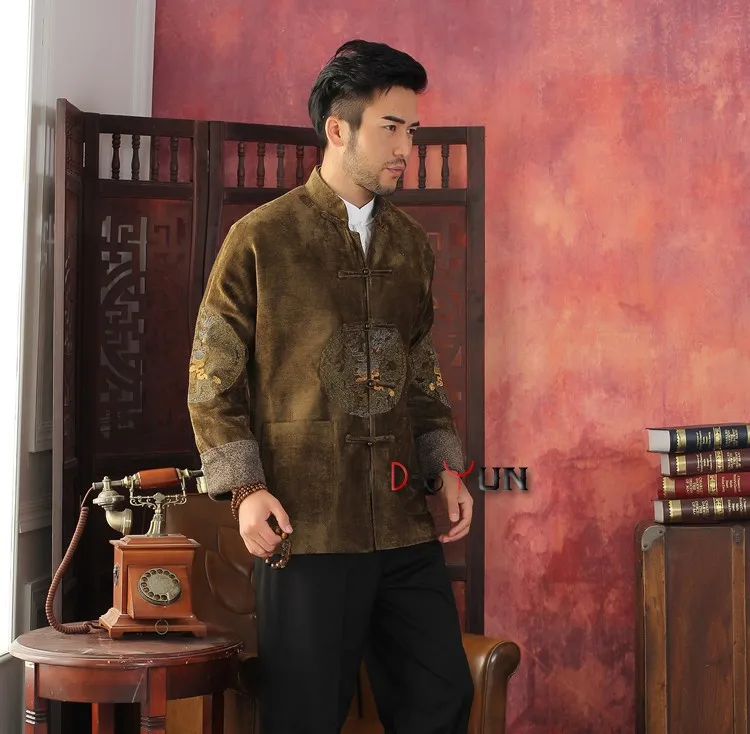 Высокое качество Красный китайская традиция среднего возраста Для мужчин куртка с длинным рукавом с вышивкой дракона пальто Тан костюм