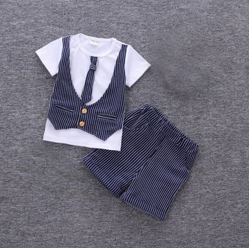

2018 Summer Kids Clothes Boys Gentleman Dress Necktie Cotton Short Sleeve Clothing Set Stripe Grid Pattern Outfit