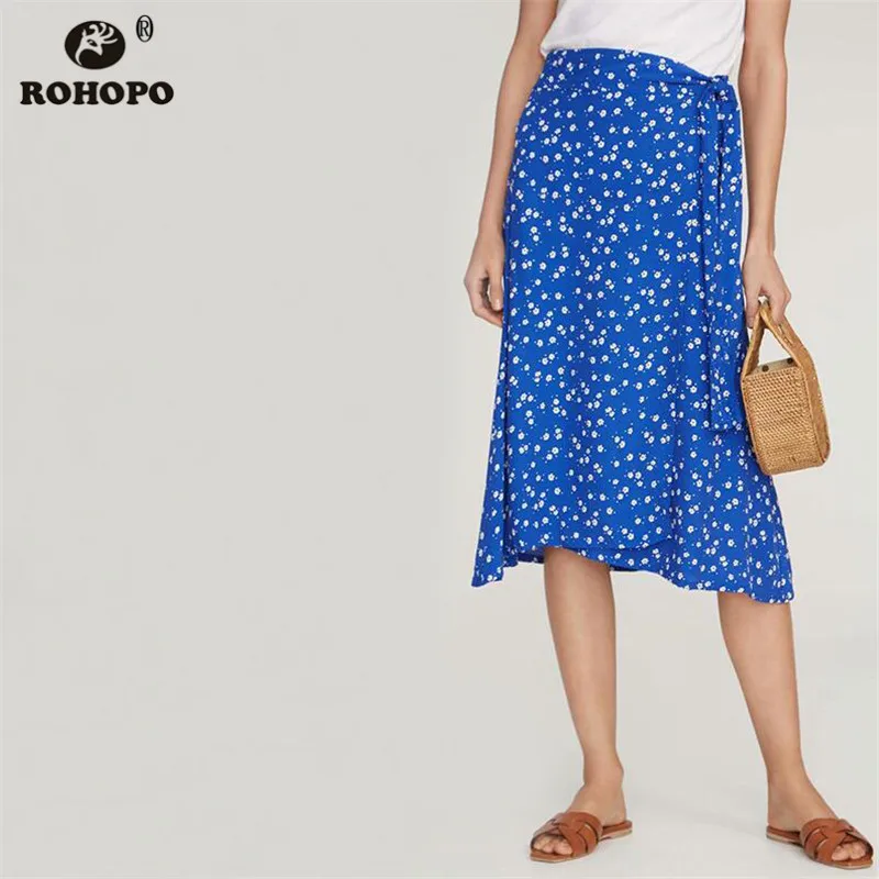 

ROHOPO Women Blue Tiny Printed Floral Midi Skirt Belted High Waist Flare Hem Autumn Girl Streetwear Skirts #YY051H