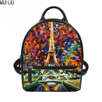 

Customized Leather Backpacks Women's Tree Oil Floral Painting Pu Daypack Fashion For Female Small Casual Travel Teens Bag pack