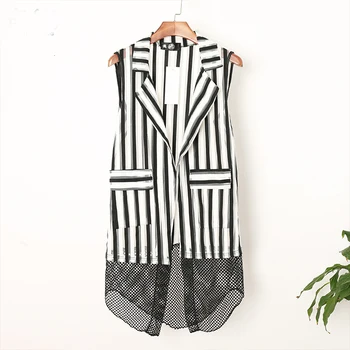 

New Mens stripewistcoat long cardigan vest thin loose lapel cape trend hollow jacket personality shawl male Wrap Shawl Coat Tops