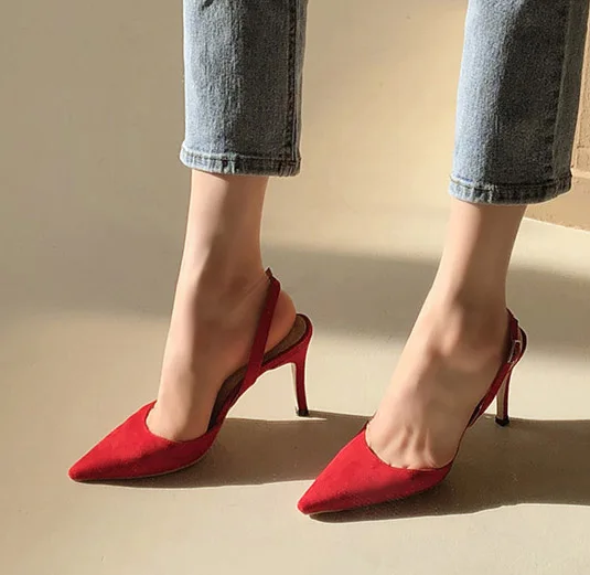 LIHUAMAO Suede women stiletto heels sandals summer back strap pointed toe thin heel ladies sandals pumps slingback wedges