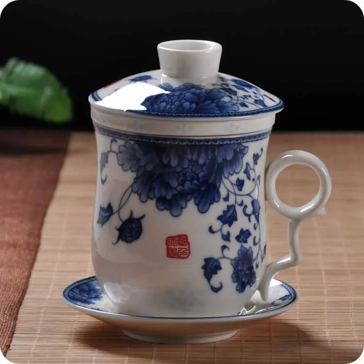Синий и белый Фарфоровая керамика офис четыре части чашки с крышкой в том числе Фильтрующее Оборудование персональный чашка для завтрака подарок конференции - Цвет: 5