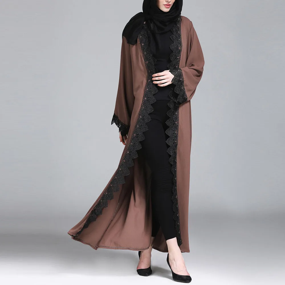 Модная мусульманская женская кружевной халат платье "Рамадан" кимоно Исламская со вшитым кружевом длинное пальто Ближний Восток длинный халат Абаи Femme