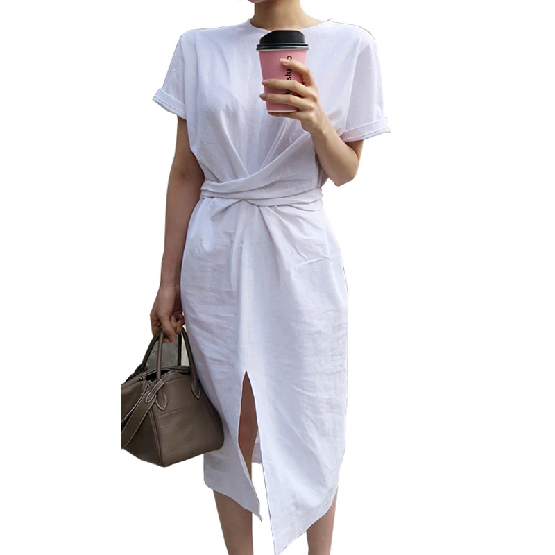 

Summer Wrap Dress Women Loose Simple Casual Long Side Split Bandage Short Sleeve Korean Dress A-line Vintage Dress Robe Femme