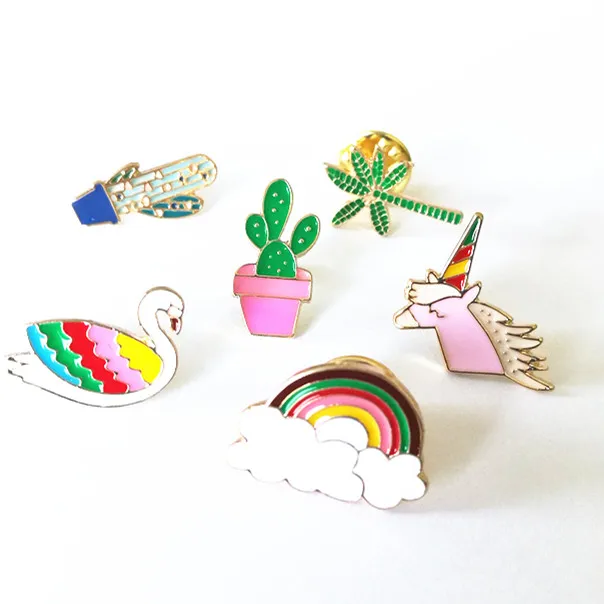 X141 Cartoon Cute Hand Unicorn Cactus Fish Shell Swan Metal Brooch Pins Button Pins Jeans Bag Decoration Brooches Gift Wholesale