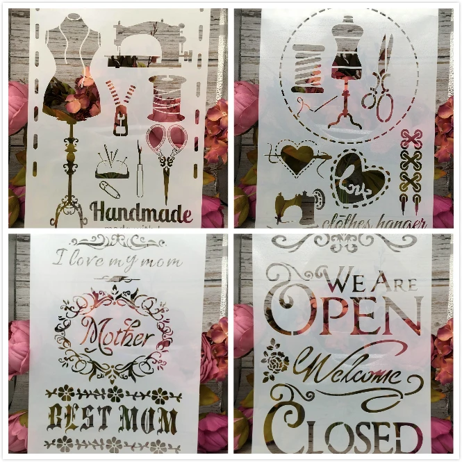 

4Pcs/Lot A4 Mother Sewing Open Closed DIY Layering Stencils Painting Scrapbook Coloring Embossing Album Decorative Card Template