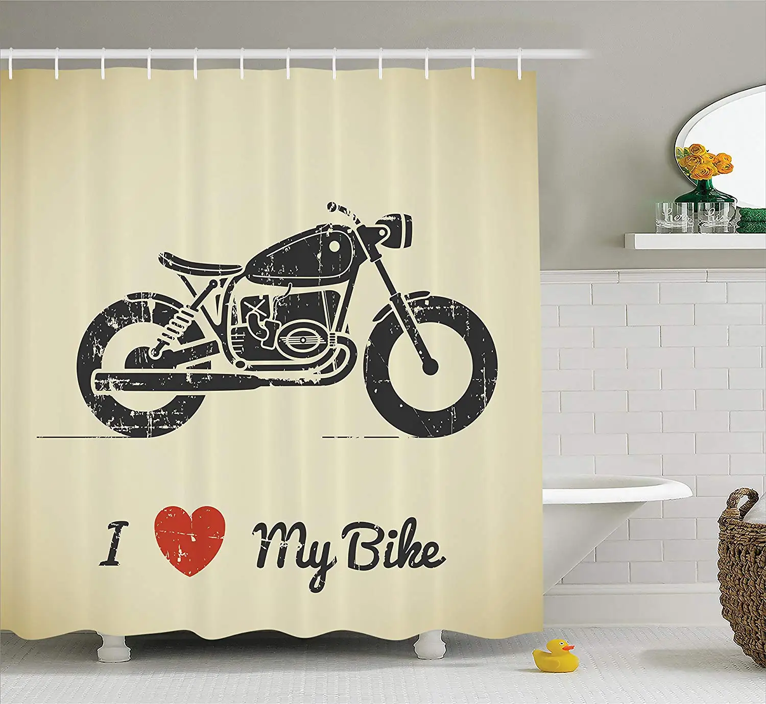 Manly Decor Shower Curtain Set Vintage Grunge Flat Looking Motorcycle