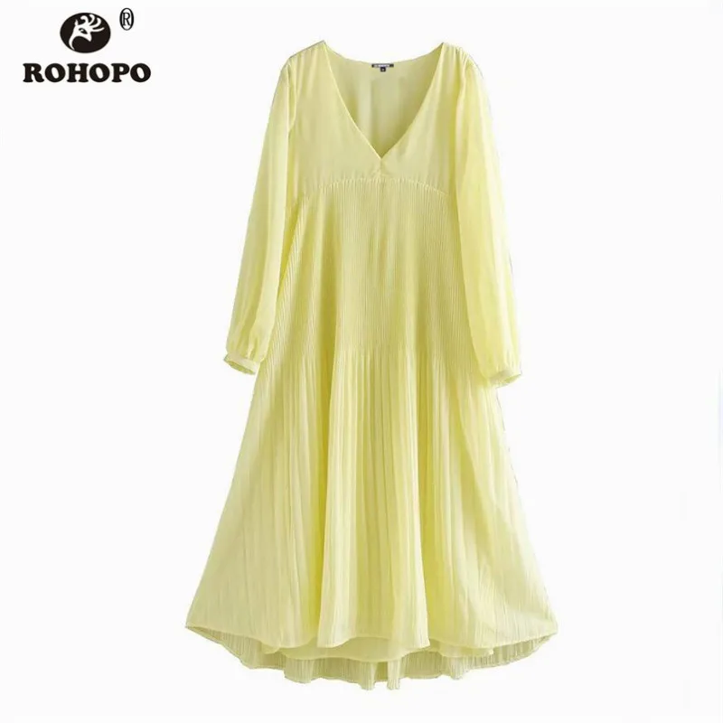 

ROHOPO Women Long Sleeve Chiffon Yellow Midi Dress Lantern Sleeve Maxi Pleated Chic Casual Multiwys Flared Dress #UK9286