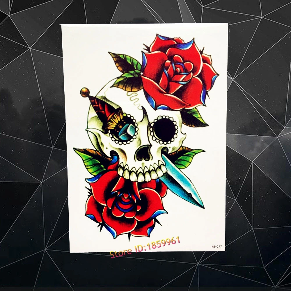 Новый Death череп головы снимаются Временные татуировки Роза Henna Мечи узор 21x15 см