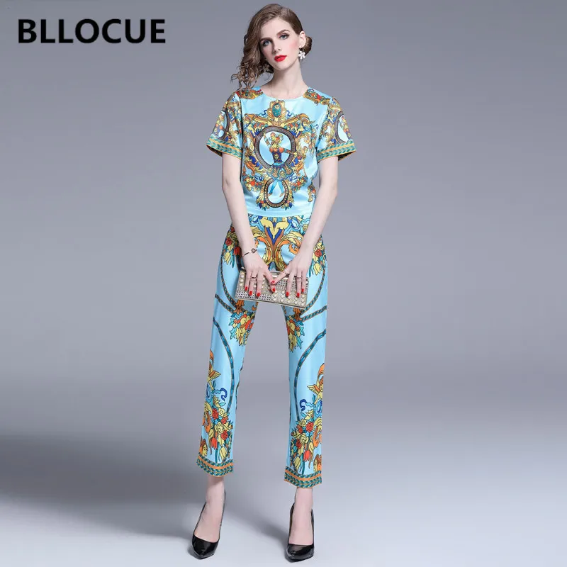 

BLLOCUE 2019 Summer Runway Designer 2 piece Set Vintage Flower Print Top Pencil Pants Chic Women's Shirt Suit