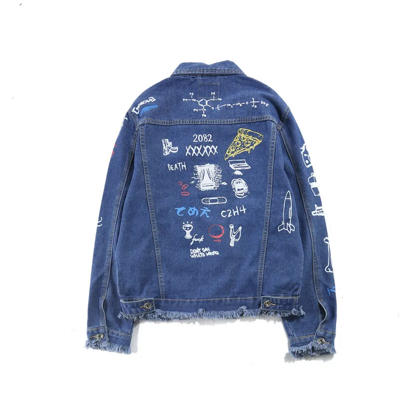 Goedkoop Denim Jas Mannen Vrouwen Hiphop Streetwear Punk Rave Steampunk Motorfiets Cowboy Graffiti Ripped Jas Uitloper Merk Jeans Jas
