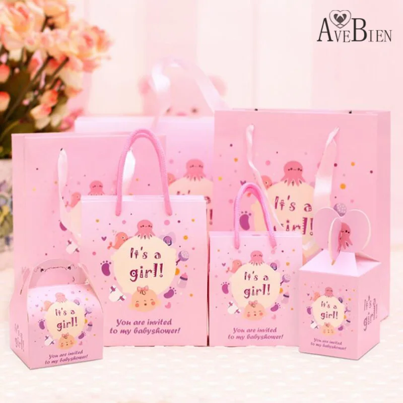 

AVEBIEN Baby Shower Decoration It's a girl Classic Gift Wrap Birthday Candy Box Event Party Fovar Gift Bag With Handle 10pcs/set