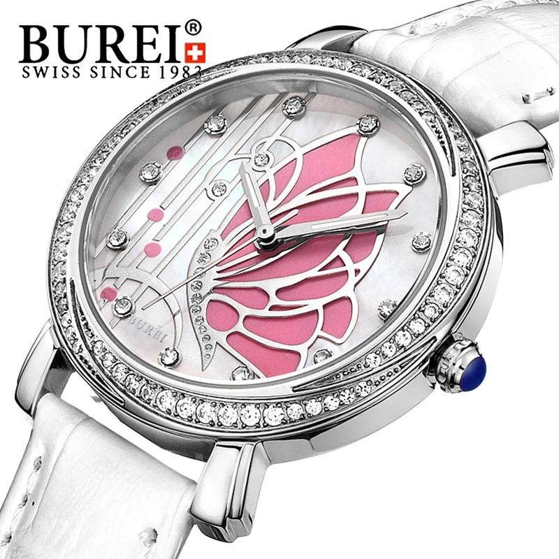 BUREI 2016 Luxury Fashion Women Watch Leather Band Analog Quartz Waterproof Wristwatch Lady Rhinestone Casual Clock