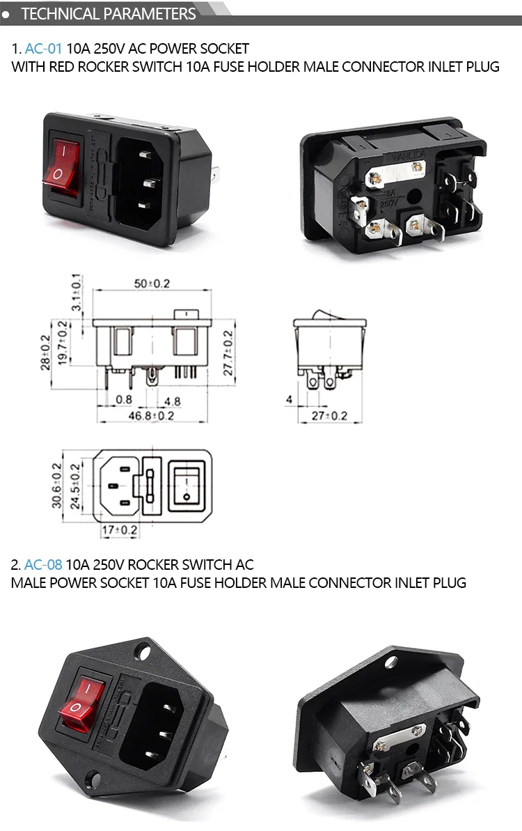 10A 250VAC 3-контактный iec320 C14 входной разъем питания с красным двухпозиционный переключатель для настольной лампы 10A гнездо держателя плавкого предохранителя Штекерный соединитель