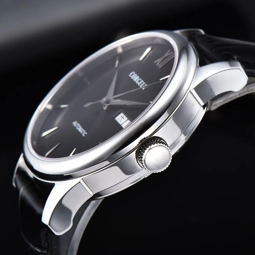 Ceny Corgeut męskie zegarki Top marka luksusowe automatyczne data tydzień mężczyźni dorywczo mody męskiej zegar prawdziwy skórzany mechaniczny zegarek na rękę