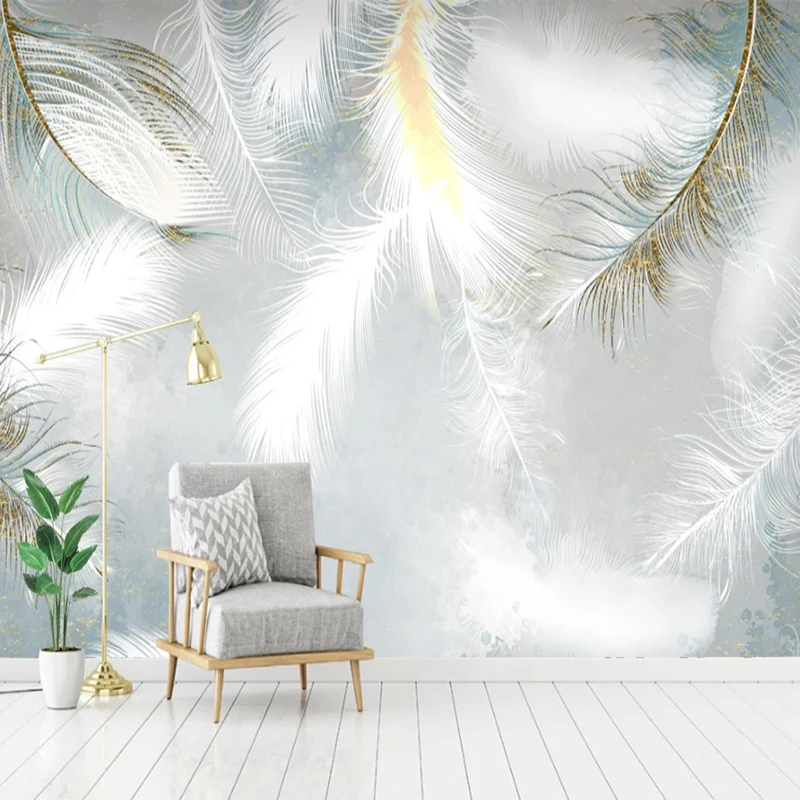 Modern Romantic White Feather Wallpaper Foto Personalizada 3d Relief Mural Papers Decoração de Casa Sala e Pintura de Parede Quarto