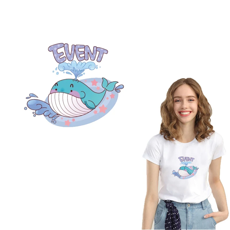 

Cute Baby Water spray Whale Patches For Clothing Iron On Transfer Cartoon Fish Heat Transfer Vinyl Washable Stickers