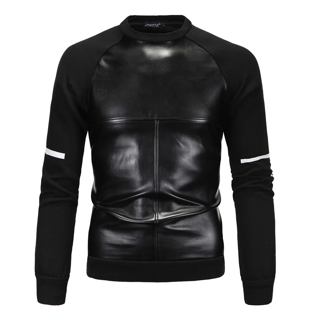 

Trendy Men Contrast Color Cross PU Faux Leather Splicing O-Neck Pullover Sweatshirts Jumper Coat 3 Color Outerwear NSY16-11-03