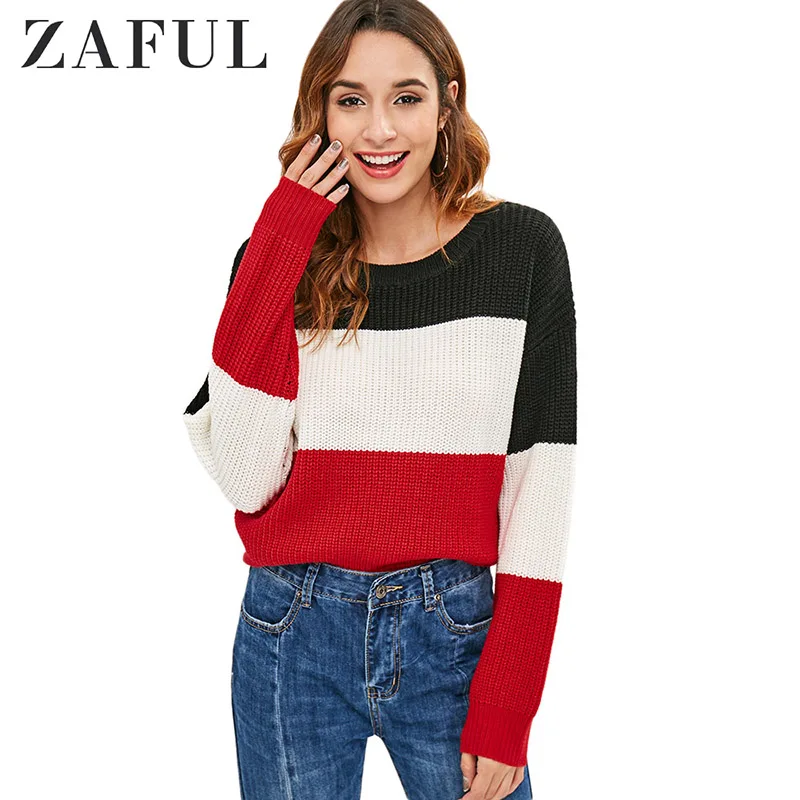 

ZAFUL Winter Oversized Knitted Sweater Boho Striped O-Neck Drop Shoulder Long Bell Sleeves Loose Pullover Casual Jumper Tops