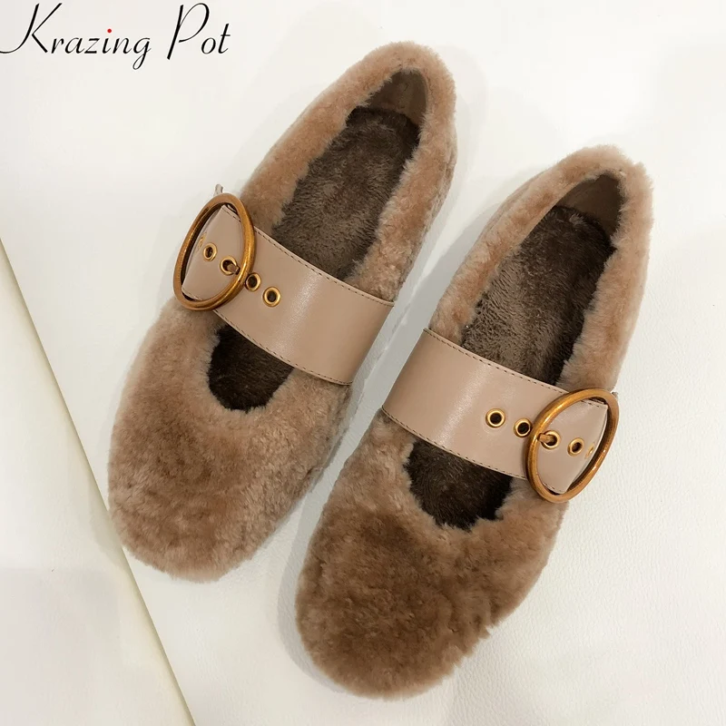 

Krazing Pot 2019 superstar fur round toe women flats shallow office lady concise Mary janes elegant brand casual spring shoe L76
