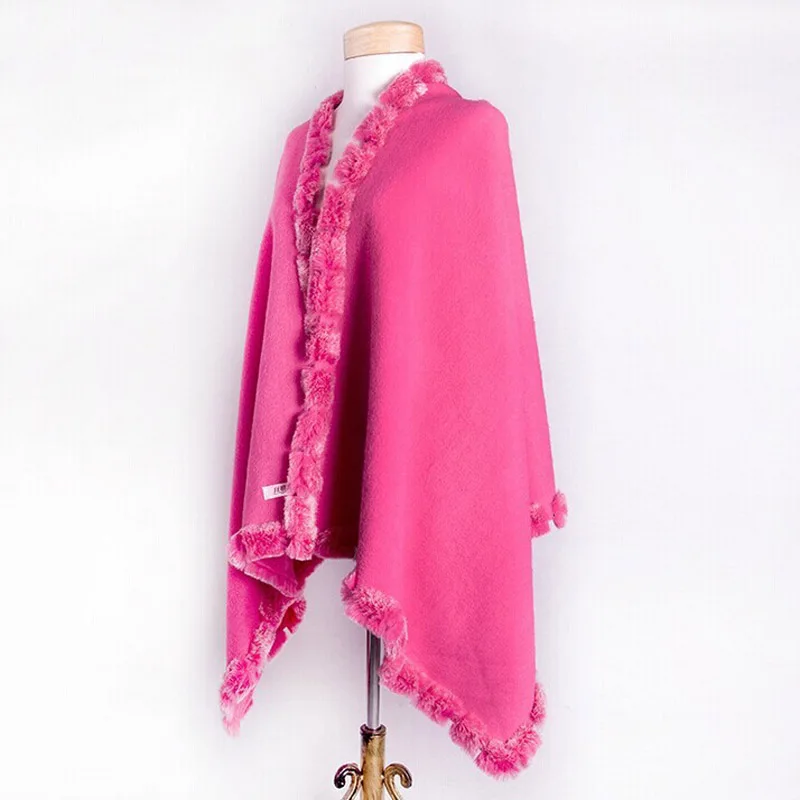 

Hot Pink Female 100% Wool Rabbit Fur Pashmina Autumn Winter New Style Cape Solid Color Tippet Poncho Size 180*70cm 011608