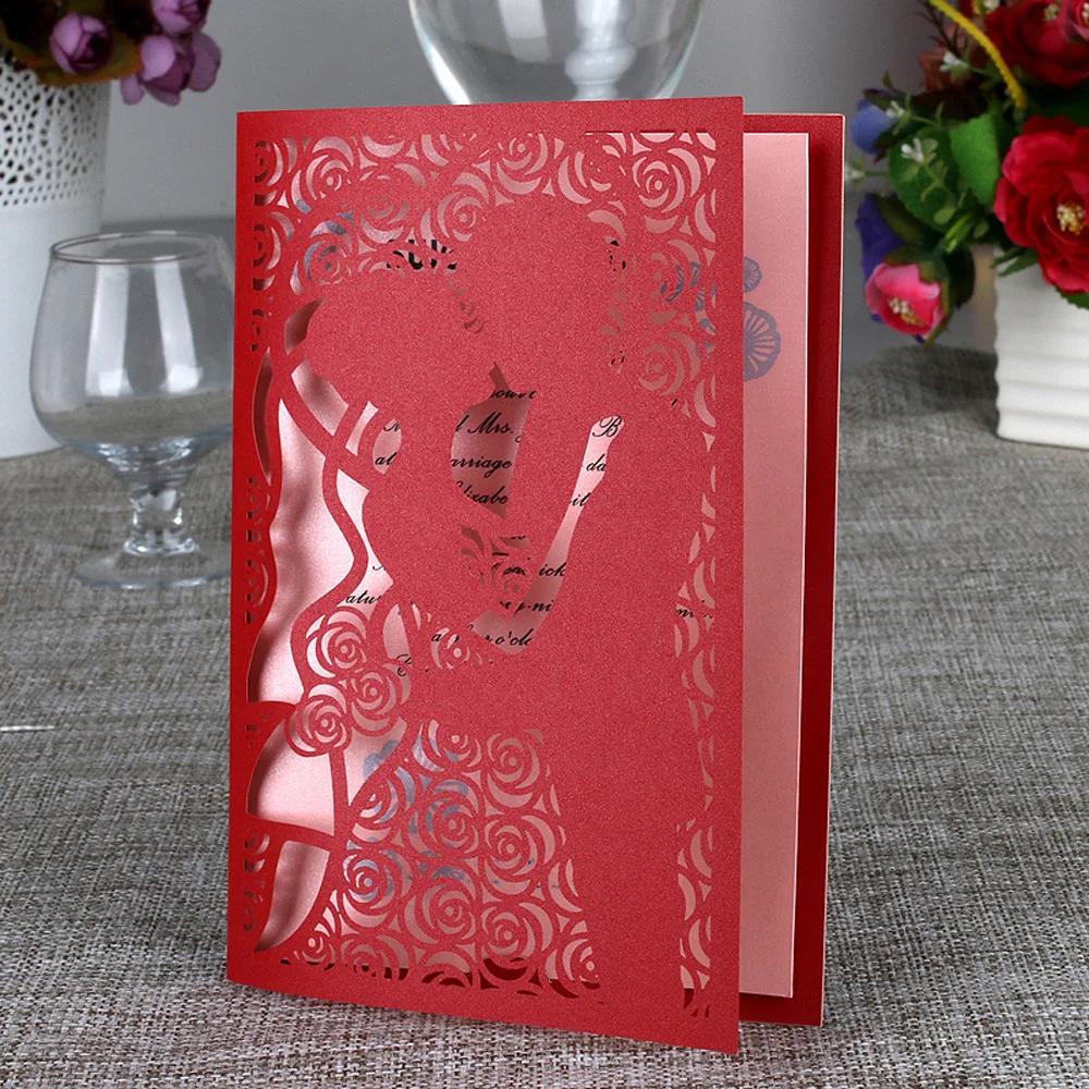  10cs Carved Bride Groom Kiss Pattern Wedding Invitation Card Laser Cut Wedding Card Kit with Inner  - 32836721576