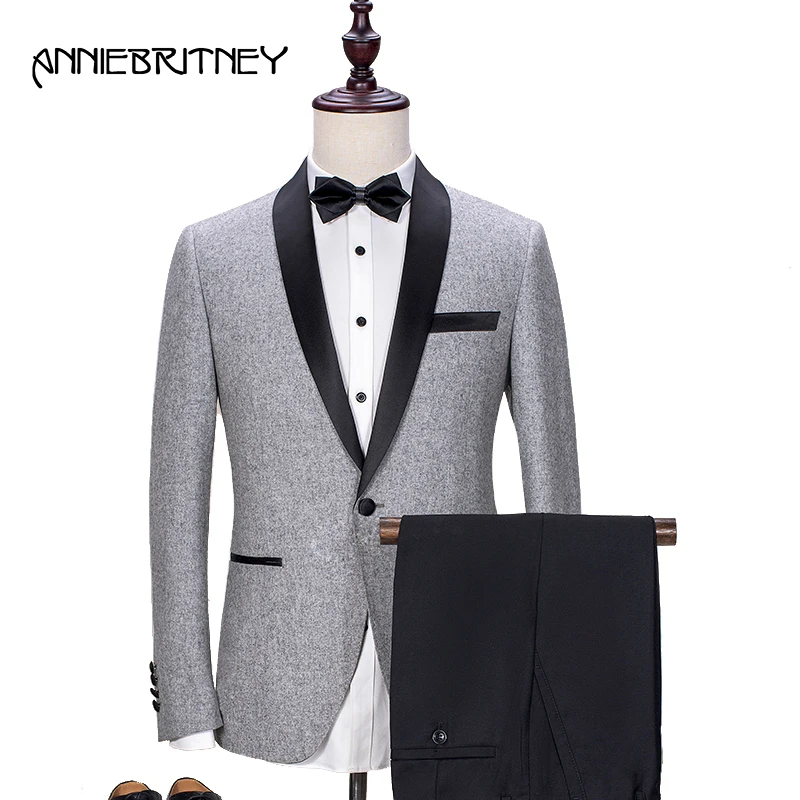 2018 New Brand Light Grey Tweed Suit Men Groom Tuxedo Blazer Slim Fit 2 Piece Prom Men Wedding Suits Terno Masculino jacket+Pant