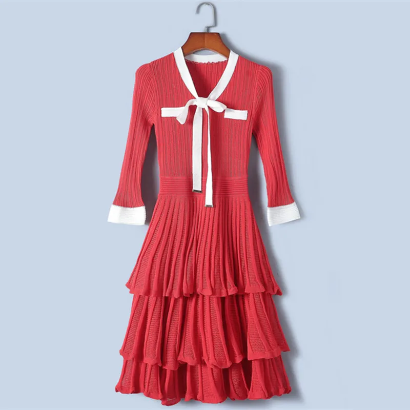 

Tunjuefs Lolita Ruffles Cake Dress Women Robe 2019 New Spring Slim Elegant Lace Up Dress Hollow Out Pullover Knit Vestido Runway