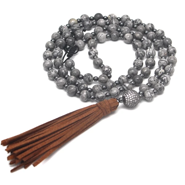 

Rudraksha Mala necklace , zircon bead leather tassel necklace